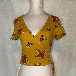 Floral Wrap Top in Mustard Yellow